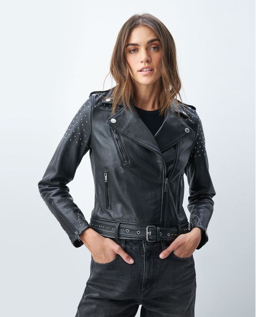 Chaqueta de Mujer en cuero, Silueta Biker con Taches