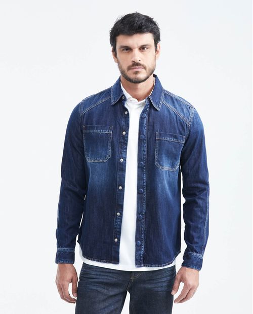 Camisa en Denim Rígido Slim Fit Manga Larga Azul Medio para Hombre