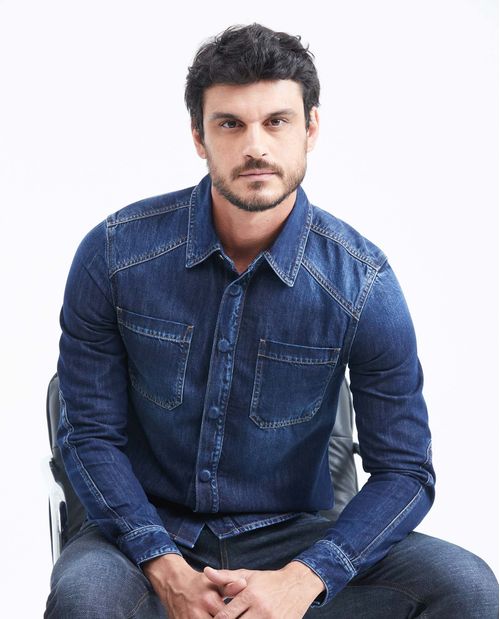 Camisa en Denim Rígido Slim Fit Manga Larga Azul Medio para Hombre