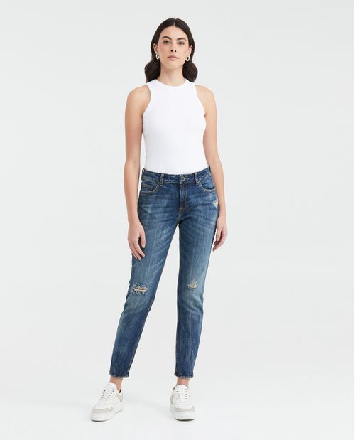 Jean High Rise Bota Slim Azul Medio Lavado Vintage con Rotos para Mujer