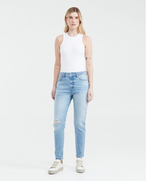 Jean Boyfit Fit Medio Bota Slim Azul Claro con Rotos Lavado Vintage para Mujer