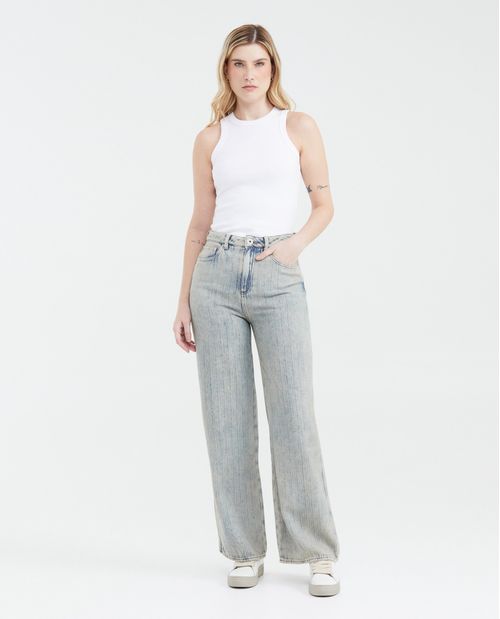 Jean Wide Leg High Rise Bota Relaxed Azul Claro Lavado Vintage para Mujer