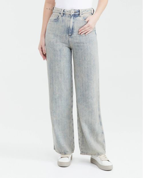 Jean Wide Leg High Rise Bota Relaxed Azul Claro Lavado Vintage para Mujer