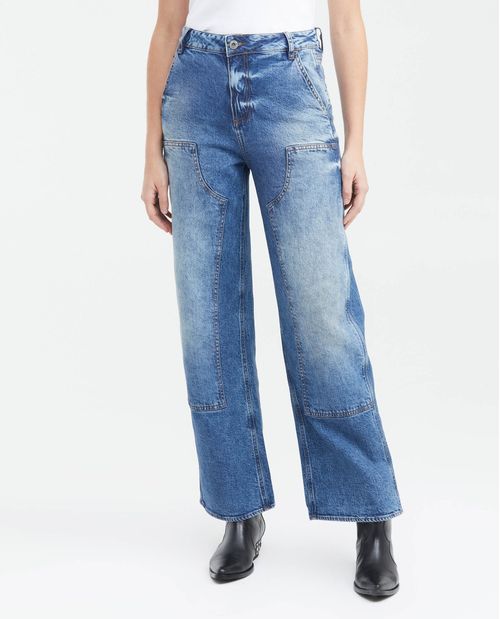 Jean Wide Leg High Rise Bota Relaxed Azul Claro Lavado Vintage para Mujer