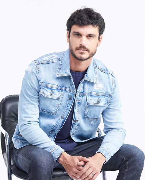 Chaqueta en Denim Azul Claro con rotos para Hombre