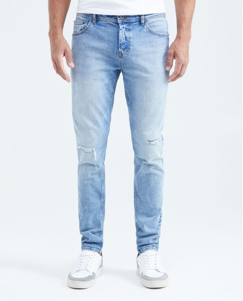 Jean Súper Slim Fit Tiro Bajo Bota Super Slim Azul Claro Lavado Vintage con Rotos para Hombre