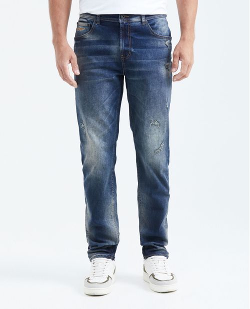 Jean Straight Fit Tiro Medio Bota Slim Azul Oscuro con Rotos para Hombre