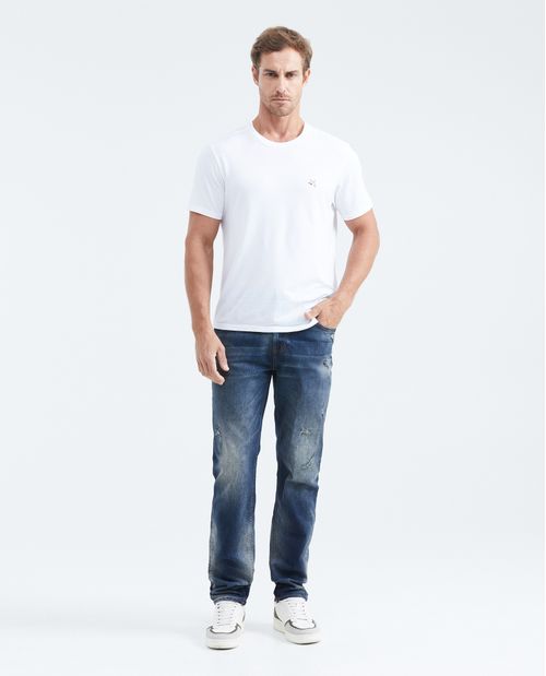 Jean Straight Fit Tiro Medio Bota Slim Azul Oscuro con Rotos para Hombre