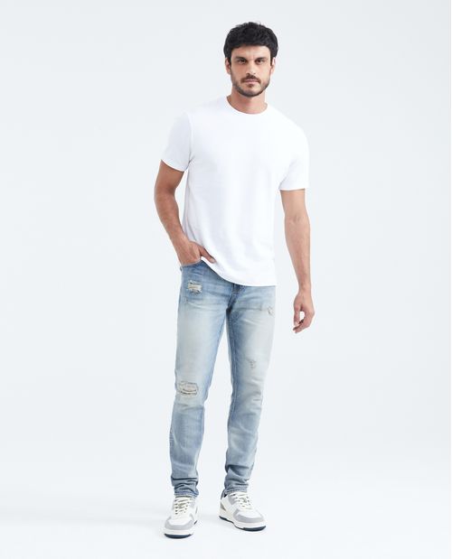 Jean Súper Slim Fit Tiro Bajo Bota Super Slim Azul Claro con Rotos para Hombre