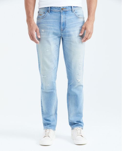 Jean Straight Fit Tiro Medio Bota Slim Azul Claro Lavado Vintage para Hombre