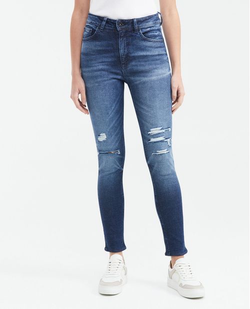 Jean Super High Rise Bota Slim Azul Oscuro con Rotos para Mujer