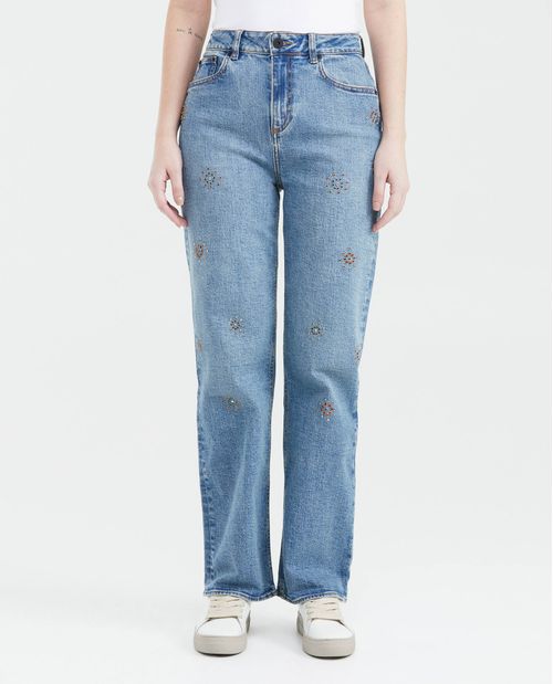 Jean Wide Leg High Rise Bota Relaxed Azul Medio con Piedras Brillantes para Mujer