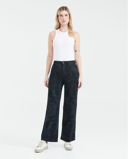 Jean Wide Leg High Rise Bota Relaxed Azul Oscuro Textura en Láser para Mujer