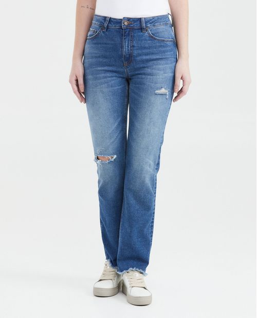 Jean Super High Rise Bota Relaxed Azul Medio con Rotos para Mujer