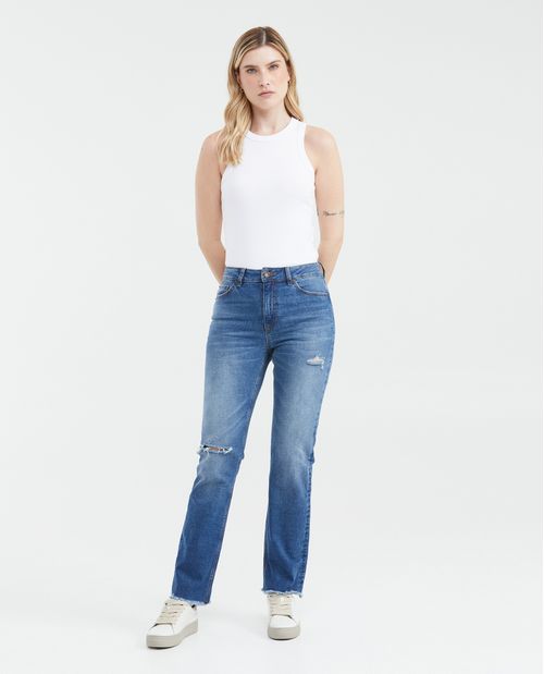 Jean Super High Rise Bota Relaxed Azul Medio con Rotos para Mujer