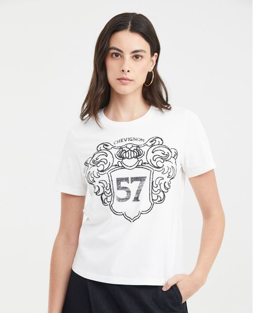 Camiseta Estampada con Detalles en Caviar para Mujer