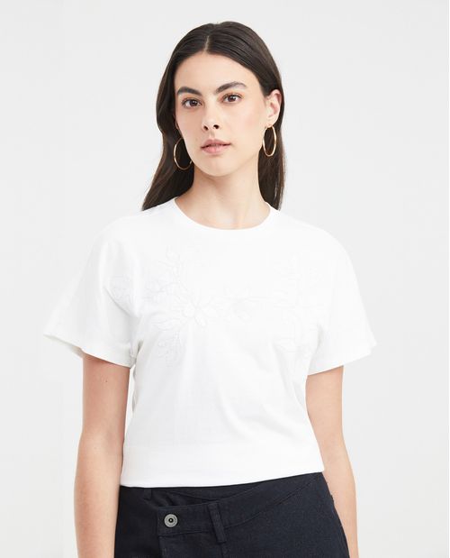 Camiseta Silueta Amplia con Flores Bordadas para Mujer