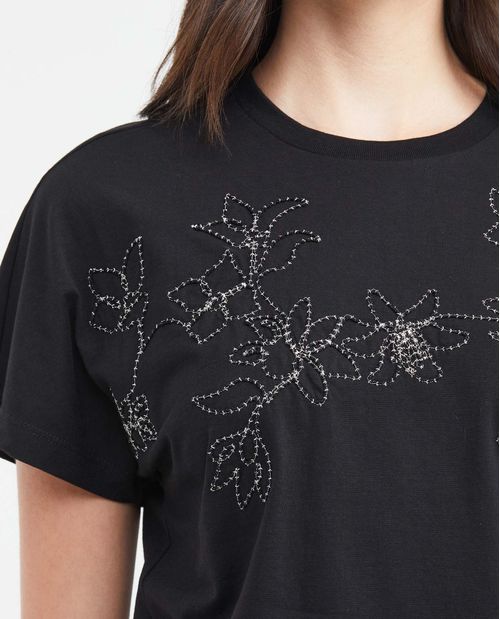 Camiseta Silueta Amplia con Flores Bordadas para Mujer