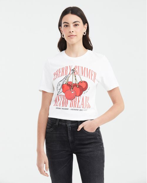 Camiseta Estampada con Detalles en Caviar para Mujer