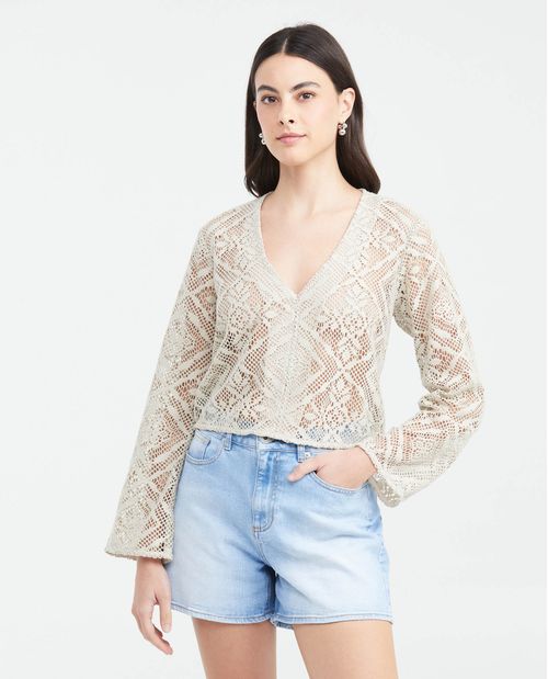 Camiseta Silueta Boxy Mangas Acampanadas Efecto Crochet para Mujer