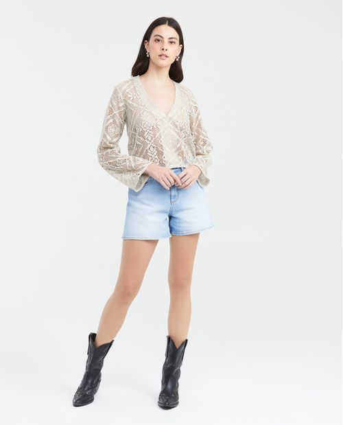 Camiseta Silueta Boxy Mangas Acampanadas Efecto Crochet para Mujer