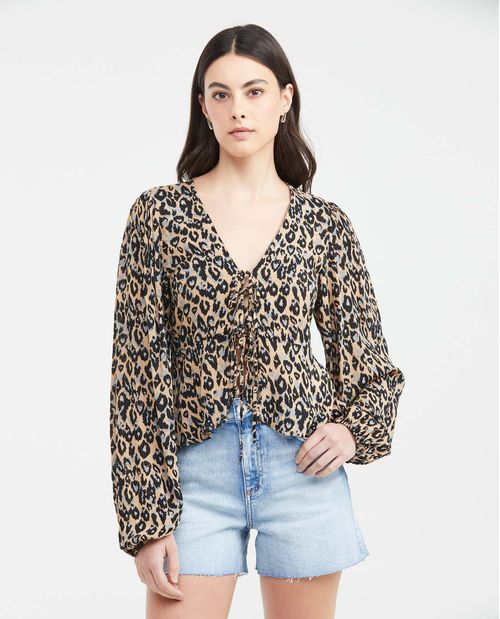 Camisa Estampada con Escote Profundo y Mangas con Volumen para Mujer