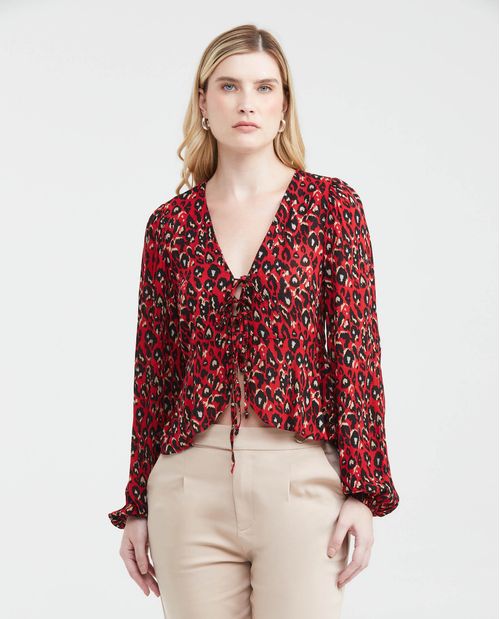 Camisa Estampada con Escote Profundo y Mangas con Volumen para Mujer