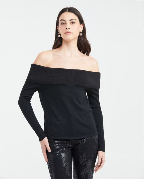 Camiseta Tejida con Hombros Descubiertos y Manga Larga para Mujer