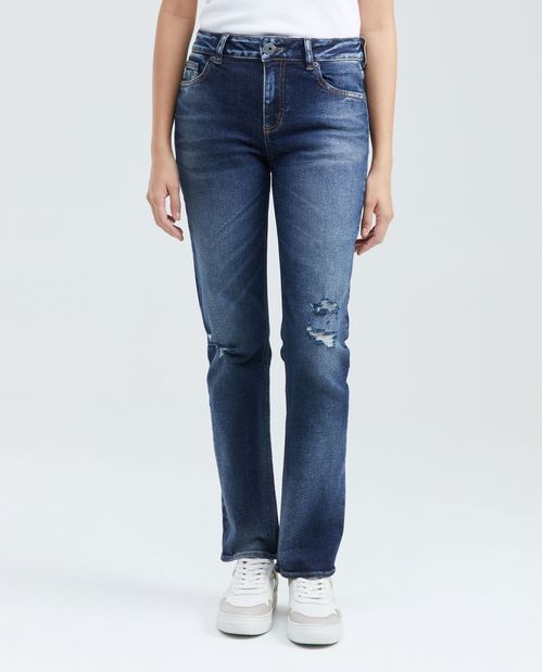 Jean High Rise Bota Skinny Azul Oscuro con Rotos para Mujer