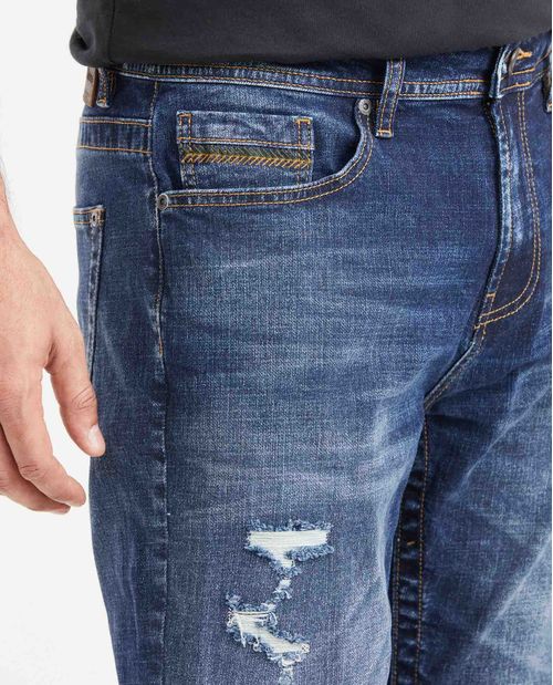 Jean Slim Fit Tiro Medio Bota Slim Azul Oscuro con Rotos para Hombre