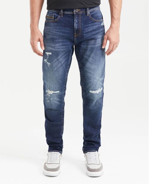 Jean Slim Fit Tiro Medio Bota Slim Azul Oscuro con Rotos para Hombre