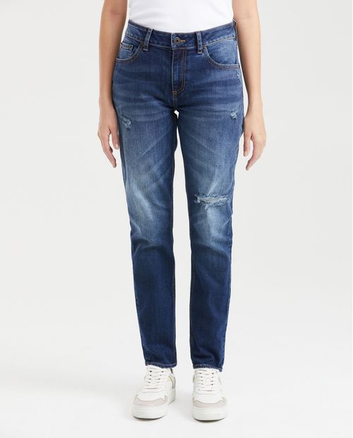 Jean High Rise Bota Skinny Azul Medio con Rotos para Mujer