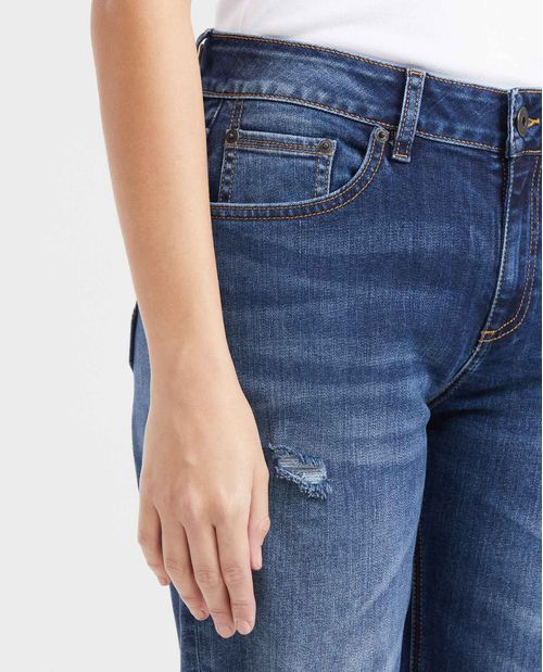 Jean High Rise Bota Skinny Azul Medio con Rotos para Mujer