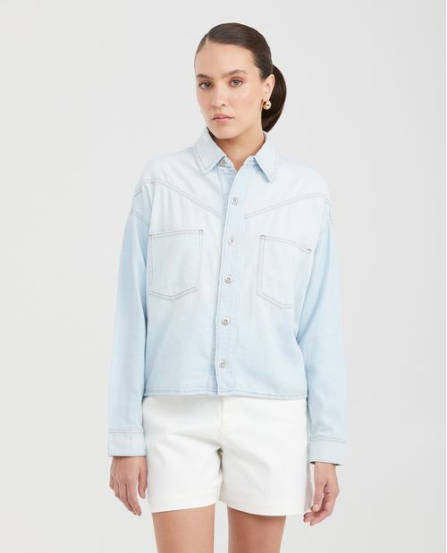Camisa en Denim Rígido Boxy Fit Manga Larga Azul Claro para Mujer