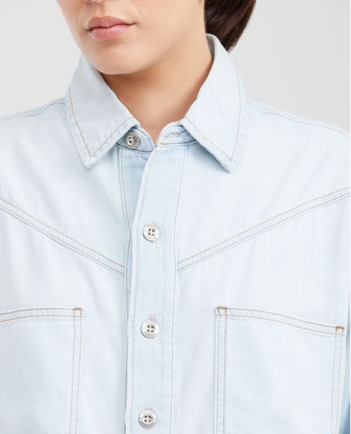 Camisa en Denim Rígido Boxy Fit Manga Larga Azul Claro para Mujer