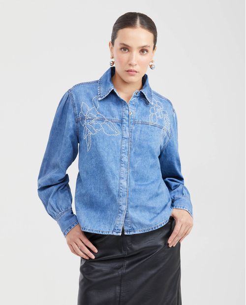 Camisa en Denim Rígido Classic Fit Manga Larga Azul Oscuro con Bordados para Mujer