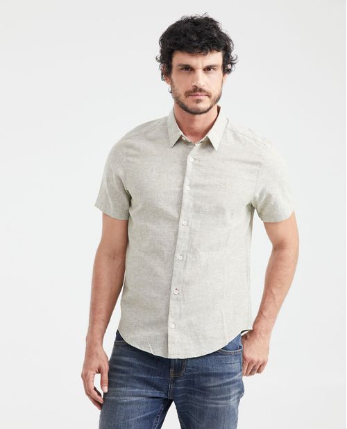 Camisa Slim Fit Manga Corta en Lino y Algodón para Hombre