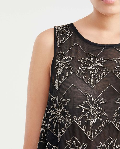 Camisa en Malla Semitransparente con Bordados en Piedras para Mujer