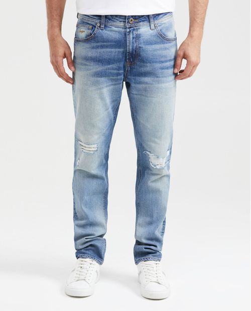 Jean Straight Fit Tiro Medio Bota Slim Azul Claro Lavado Vintage para Hombre
