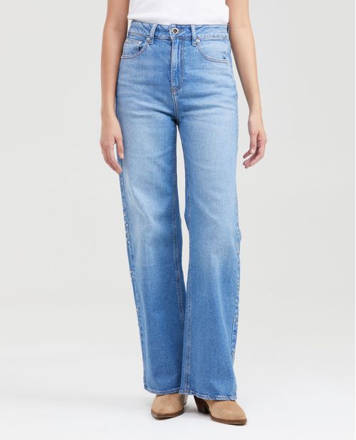 Jean Wide Leg Super High Rise Bota Relaxed Azul Claro con Taches Decorativos para Mujer
