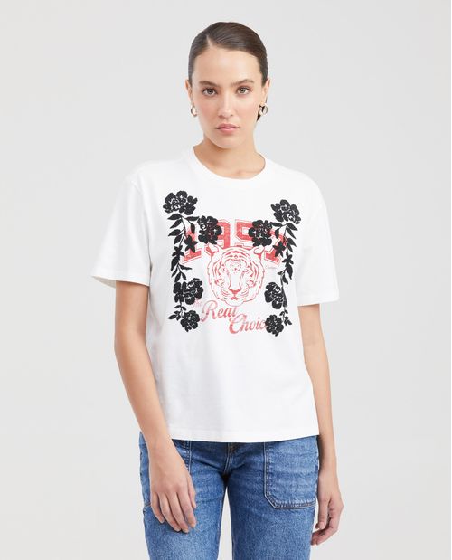 Camiseta Estampada con Detalles en Piedras para Mujer