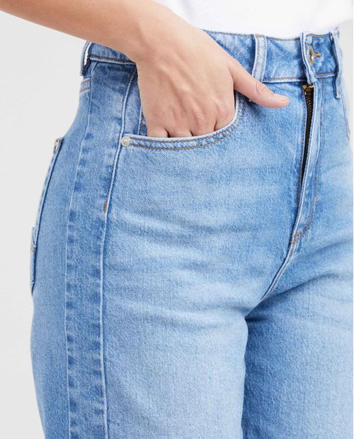 Jean Wide Leg Super High Rise Bota Relaxed Azul Claro con Taches Decorativos para Mujer