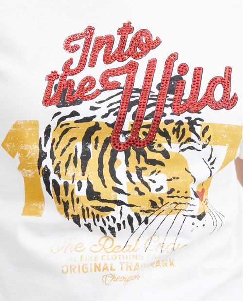 Camiseta Estampada con Detalles en Piedras para Mujer