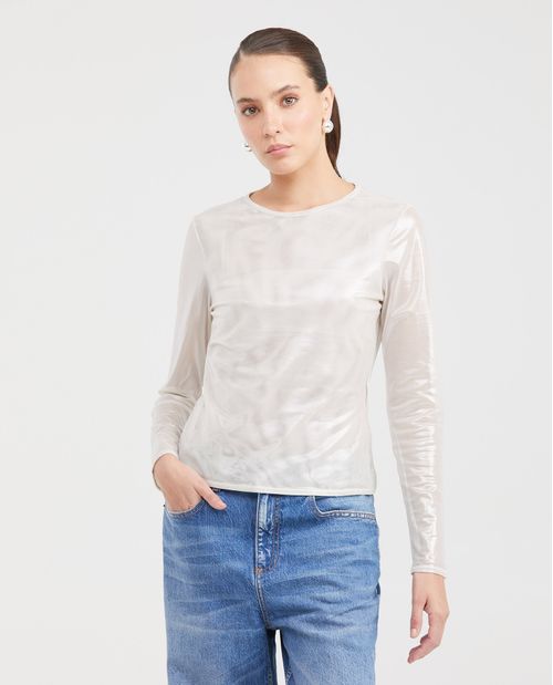 Camiseta Ajustada en Malla Semitransparente para Mujer