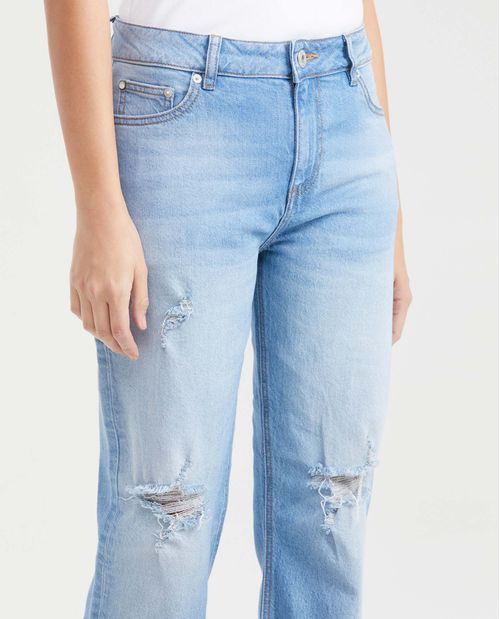 Jean High Rise Boot Cut Azul Claro Vintage con Rotos para Mujer