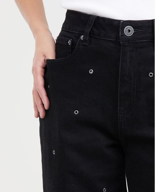 Jean Wide Leg Super High Rise Bota Relaxed Negro con Ojaletes Decorativos para Mujer