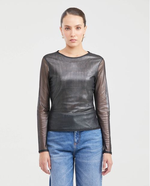 Camiseta Ajustada en Malla Semitransparente para Mujer