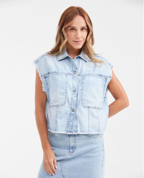Camisa en Denim Rígido Classic Fit Manga Sisa Azul Claro Vintage para Mujer