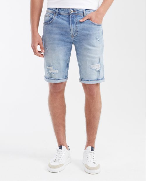 Bermuda en Denim Straight Fit Azul Claro con Rotos para Hombre