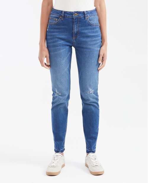 Jean Super High Rise Bota Slim Azul Oscuro con Rotos para Mujer